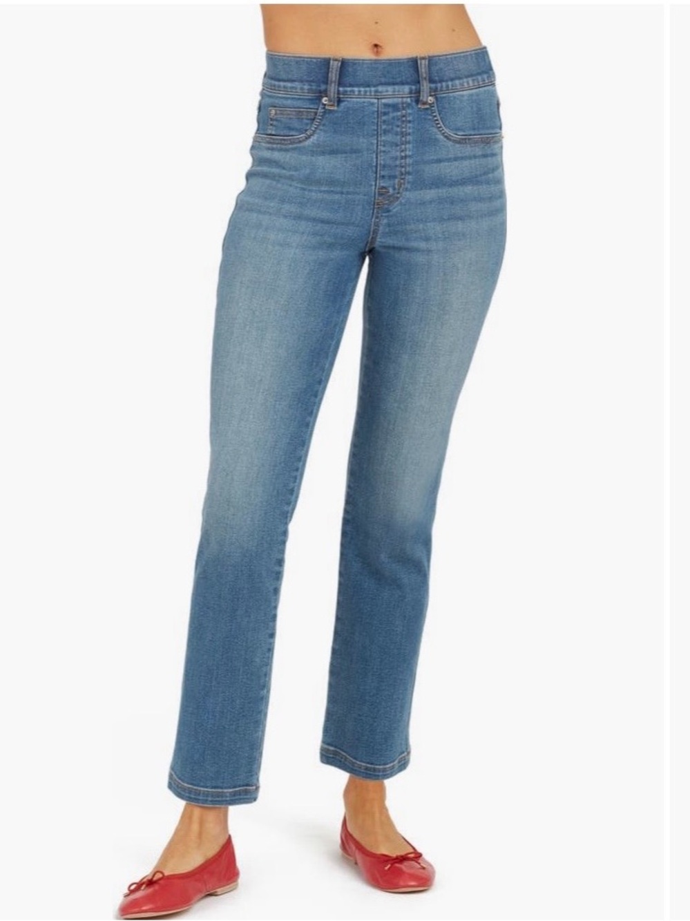 SPANX Straight Leg Jeans in Mid Blue with Faded Finish